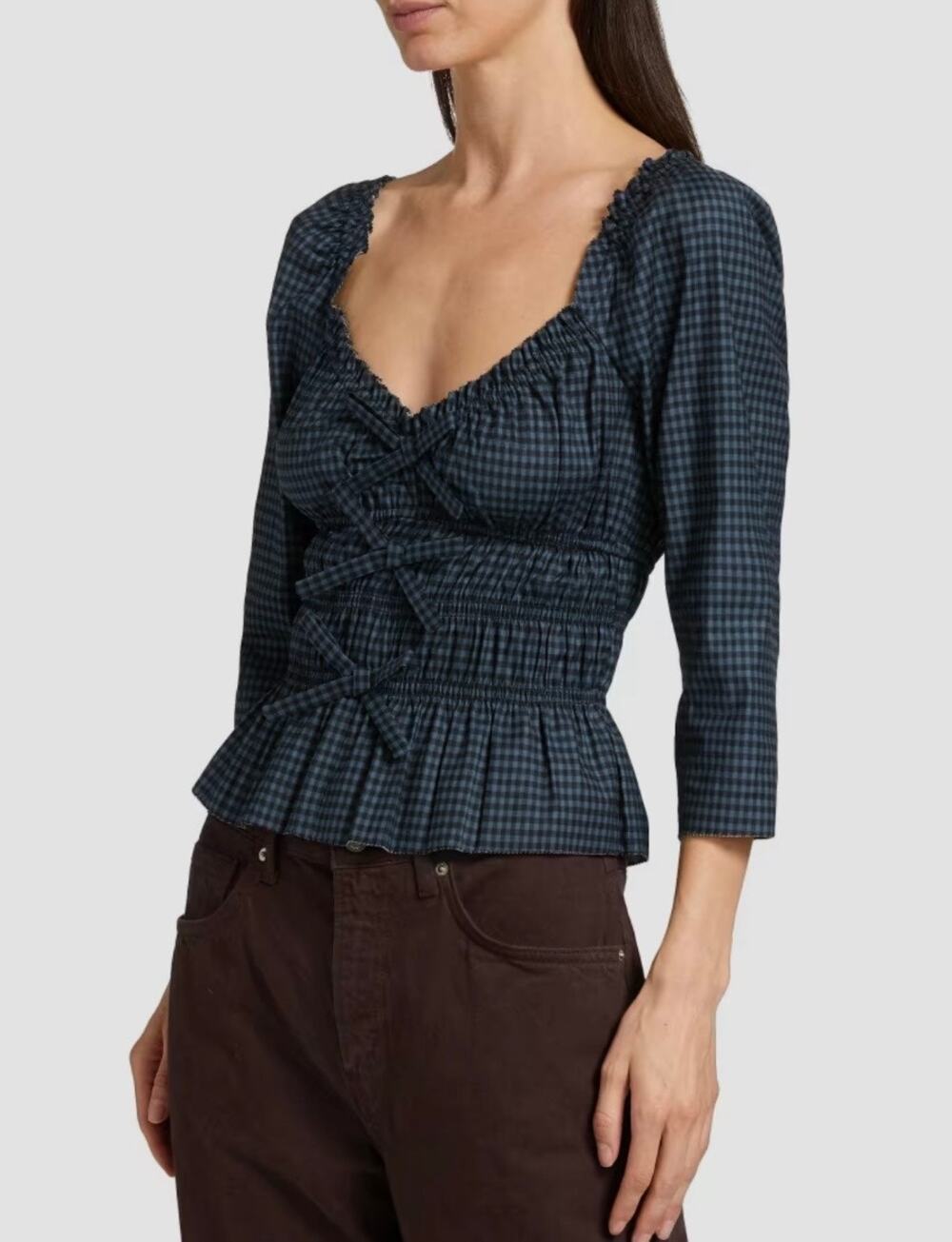 Reformation Lauryn Gingham Peplum Top Bows Size 8 Blue Organic Cotton